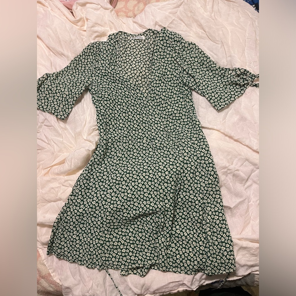 Reformation Dark Green Daisy-Print Midi Wrap Dress